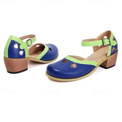 Women's Vintage Green Mary Jane Faux Leather Heels with Cutout Design and Adjustable Strap – Comfortable Retro Block Heel Shoes for Casual and Formal Occasions