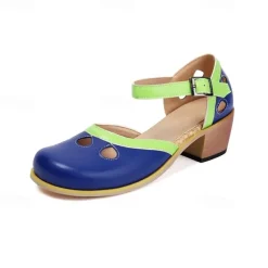 Women's Vintage Green Mary Jane Faux Leather Heels with Cutout Design and Adjustable Strap – Comfortable Retro Block Heel Shoes for Casual and Formal Occasions