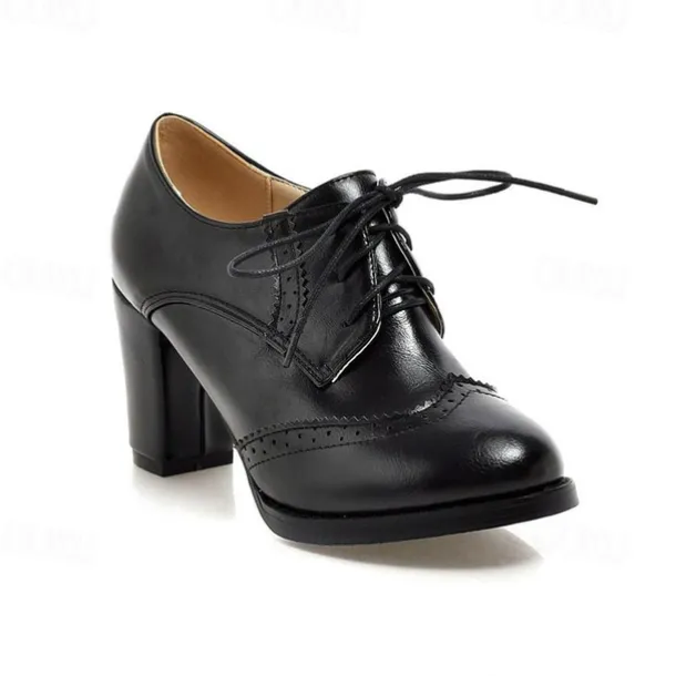 Women's Vintage Oxford Heels – Lace-Up Brogue Chunky Heel Dress Shoes for Work, Office, and Casual Wear