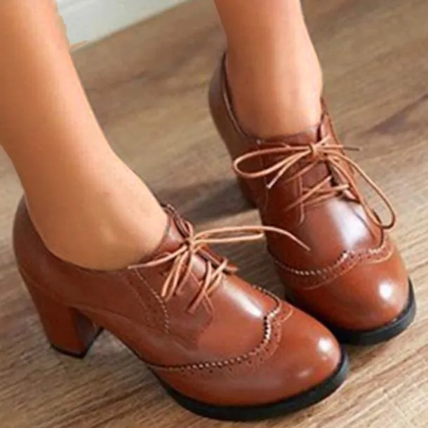 Women's Vintage Oxford Heels – Lace-Up Brogue Chunky Heel Dress Shoes for Work, Office, and Casual Wear