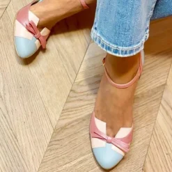 Women's Vintage Pink and White High Heel Shoes with Bow Accent - Elegant Retro Heels for Weddings, Parties, and Special Occasions