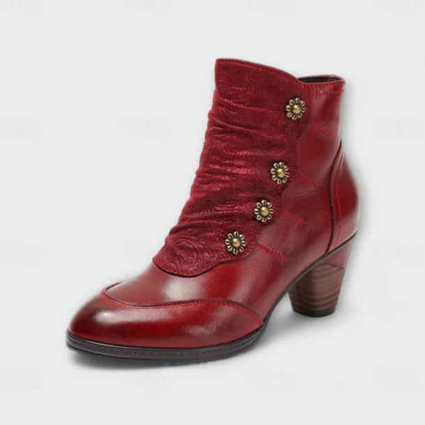 Women's Vintage Red Leather Ankle Boots – Premium Cowhide with Floral Button Accents and Chunky Heel for Retro Style and Everyday Wear