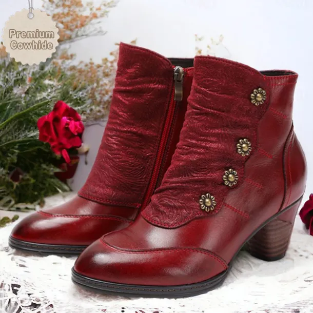 Women's Vintage Red Leather Ankle Boots – Premium Cowhide with Floral Button Accents and Chunky Heel for Retro Style and Everyday Wear