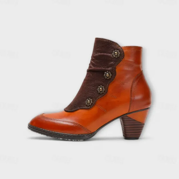 Women's Vintage Red Leather Ankle Boots – Premium Cowhide with Floral Button Accents and Chunky Heel for Retro Style and Everyday Wear