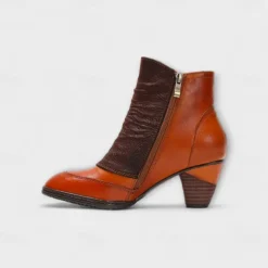 Women's Vintage Red Leather Ankle Boots – Premium Cowhide with Floral Button Accents and Chunky Heel for Retro Style and Everyday Wear