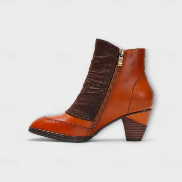 Women's Vintage Red Leather Ankle Boots – Premium Cowhide with Floral Button Accents and Chunky Heel for Retro Style and Everyday Wear