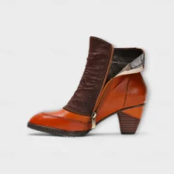 Women's Vintage Red Leather Ankle Boots – Premium Cowhide with Floral Button Accents and Chunky Heel for Retro Style and Everyday Wear