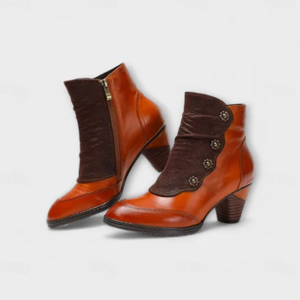 Women's Vintage Red Leather Ankle Boots – Premium Cowhide with Floral Button Accents and Chunky Heel for Retro Style and Everyday Wear