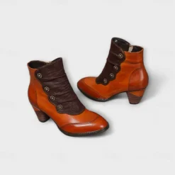Women's Vintage Red Leather Ankle Boots – Premium Cowhide with Floral Button Accents and Chunky Heel for Retro Style and Everyday Wear