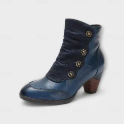 Women's Vintage Red Leather Ankle Boots – Premium Cowhide with Floral Button Accents and Chunky Heel for Retro Style and Everyday Wear