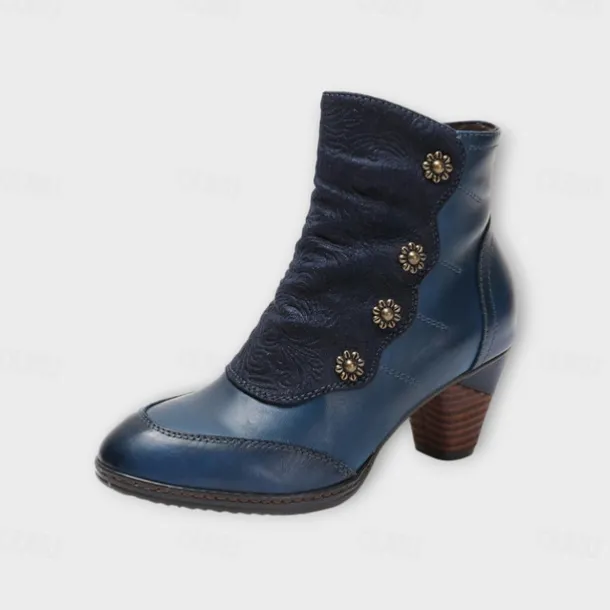 Women's Vintage Red Leather Ankle Boots – Premium Cowhide with Floral Button Accents and Chunky Heel for Retro Style and Everyday Wear