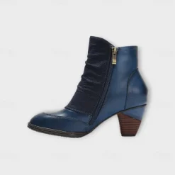 Women's Vintage Red Leather Ankle Boots – Premium Cowhide with Floral Button Accents and Chunky Heel for Retro Style and Everyday Wear