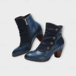 Women's Vintage Red Leather Ankle Boots – Premium Cowhide with Floral Button Accents and Chunky Heel for Retro Style and Everyday Wear