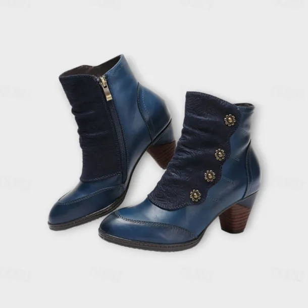 Women's Vintage Red Leather Ankle Boots – Premium Cowhide with Floral Button Accents and Chunky Heel for Retro Style and Everyday Wear