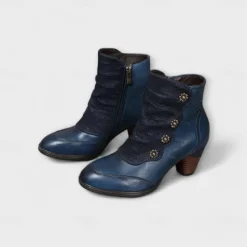 Women's Vintage Red Leather Ankle Boots – Premium Cowhide with Floral Button Accents and Chunky Heel for Retro Style and Everyday Wear