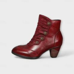 Women's Vintage Red Leather Ankle Boots – Premium Cowhide with Floral Button Accents and Chunky Heel for Retro Style and Everyday Wear