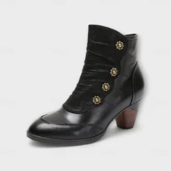 Women's Vintage Red Leather Ankle Boots – Premium Cowhide with Floral Button Accents and Chunky Heel for Retro Style and Everyday Wear