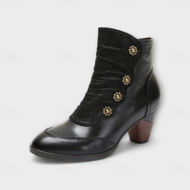 Women's Vintage Red Leather Ankle Boots – Premium Cowhide with Floral Button Accents and Chunky Heel for Retro Style and Everyday Wear