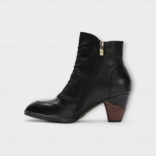 Women's Vintage Red Leather Ankle Boots – Premium Cowhide with Floral Button Accents and Chunky Heel for Retro Style and Everyday Wear