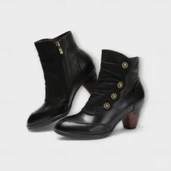 Women's Vintage Red Leather Ankle Boots – Premium Cowhide with Floral Button Accents and Chunky Heel for Retro Style and Everyday Wear