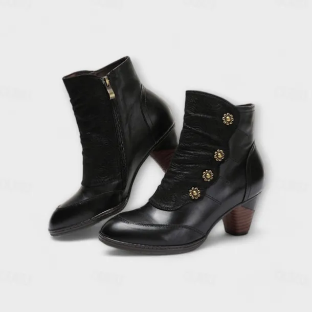 Women's Vintage Red Leather Ankle Boots – Premium Cowhide with Floral Button Accents and Chunky Heel for Retro Style and Everyday Wear