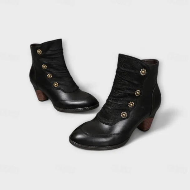 Women's Vintage Red Leather Ankle Boots – Premium Cowhide with Floral Button Accents and Chunky Heel for Retro Style and Everyday Wear