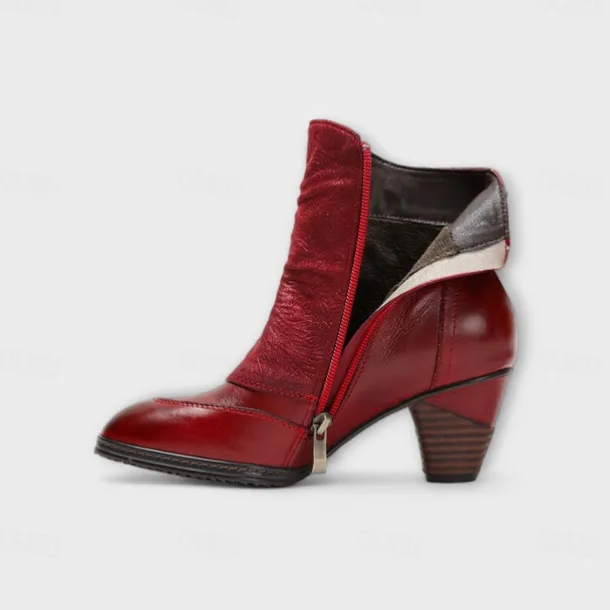 Women's Vintage Red Leather Ankle Boots – Premium Cowhide with Floral Button Accents and Chunky Heel for Retro Style and Everyday Wear