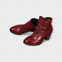 Women's Vintage Red Leather Ankle Boots – Premium Cowhide with Floral Button Accents and Chunky Heel for Retro Style and Everyday Wear