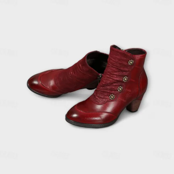 Women's Vintage Red Leather Ankle Boots – Premium Cowhide with Floral Button Accents and Chunky Heel for Retro Style and Everyday Wear