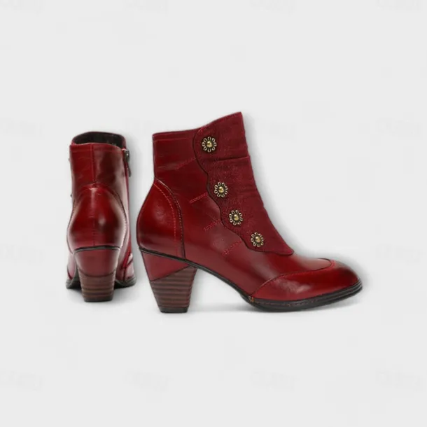 Women's Vintage Red Leather Ankle Boots – Premium Cowhide with Floral Button Accents and Chunky Heel for Retro Style and Everyday Wear
