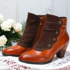 Women's Vintage Red Leather Ankle Boots – Premium Cowhide with Floral Button Accents and Chunky Heel for Retro Style and Everyday Wear