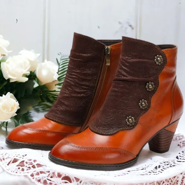 Women's Vintage Red Leather Ankle Boots – Premium Cowhide with Floral Button Accents and Chunky Heel for Retro Style and Everyday Wear