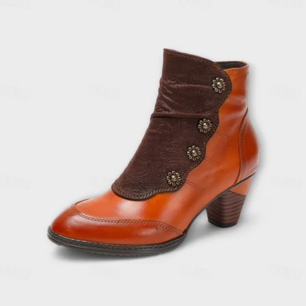 Women's Vintage Red Leather Ankle Boots – Premium Cowhide with Floral Button Accents and Chunky Heel for Retro Style and Everyday Wear