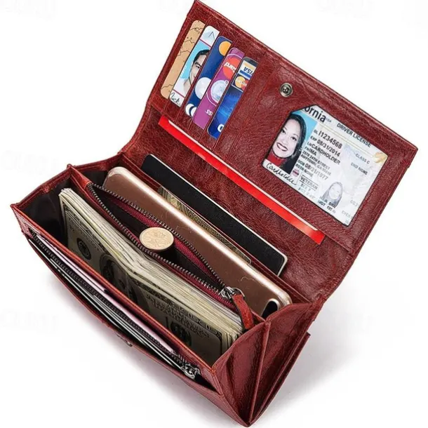 Women's Vintage Red Leather RFID-Blocking Wallet - Multi-Compartment Clutch with Card Slots, Coin Pocket, and ID Window for Everyday and Travel Use
