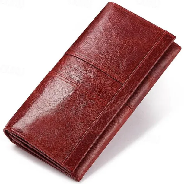 Women's Vintage Red Leather RFID-Blocking Wallet - Multi-Compartment Clutch with Card Slots, Coin Pocket, and ID Window for Everyday and Travel Use