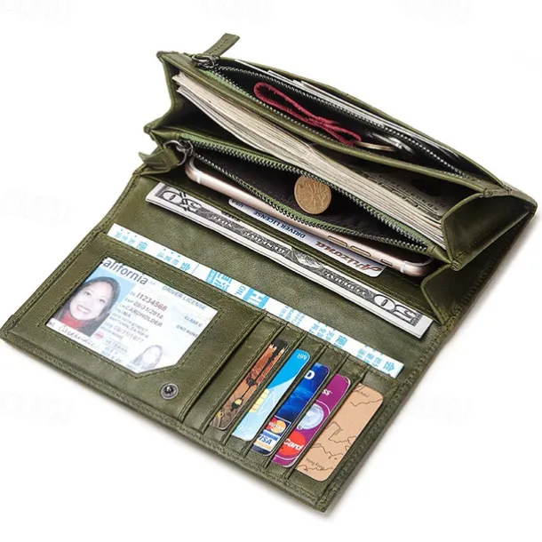 Women's Vintage Red Leather RFID-Blocking Wallet - Multi-Compartment Clutch with Card Slots, Coin Pocket, and ID Window for Everyday and Travel Use