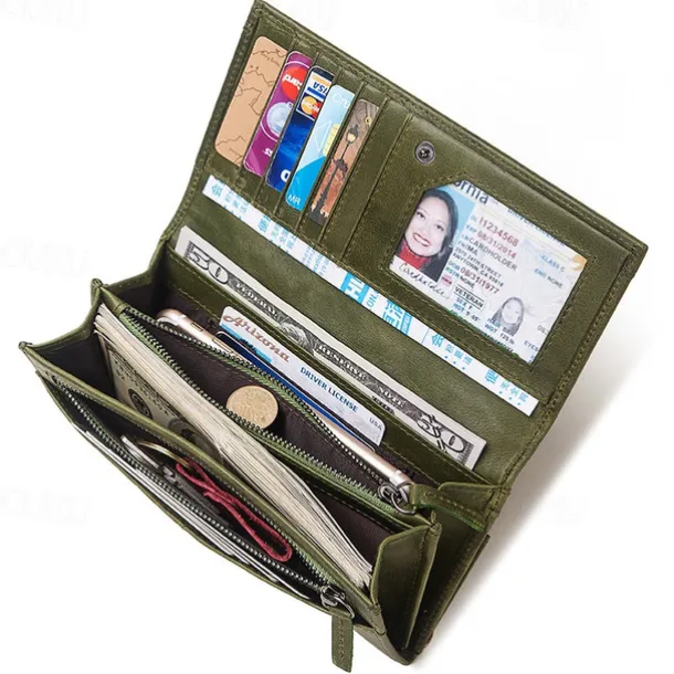 Women's Vintage Red Leather RFID-Blocking Wallet - Multi-Compartment Clutch with Card Slots, Coin Pocket, and ID Window for Everyday and Travel Use