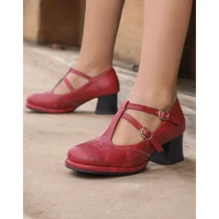 Women's Vintage Red Mary Jane Heels – Double Buckle Strap, Retro Block Heel, Perfect for Formal and Casual Occasions