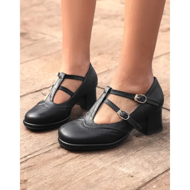 Women's Vintage Red Mary Jane Heels – Double Buckle Strap, Retro Block Heel, Perfect for Formal and Casual Occasions