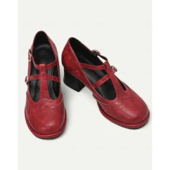 Women's Vintage Red Mary Jane Heels – Double Buckle Strap, Retro Block Heel, Perfect for Formal and Casual Occasions
