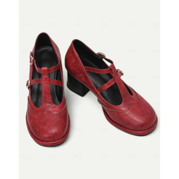 Women's Vintage Red Mary Jane Heels – Double Buckle Strap, Retro Block Heel, Perfect for Formal and Casual Occasions