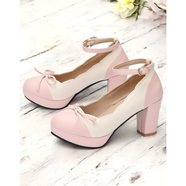 Women's Vintage Two-Tone Chunky Heels with Ankle Strap and Bow Detail – Retro Style Shoes for Special Occasions