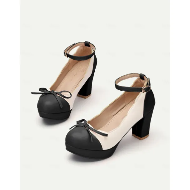 Women's Vintage Two-Tone Chunky Heels with Ankle Strap and Bow Detail – Retro Style Shoes for Special Occasions