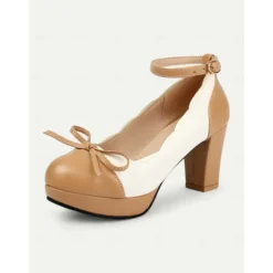 Women's Vintage Two-Tone Chunky Heels with Ankle Strap and Bow Detail – Retro Style Shoes for Special Occasions