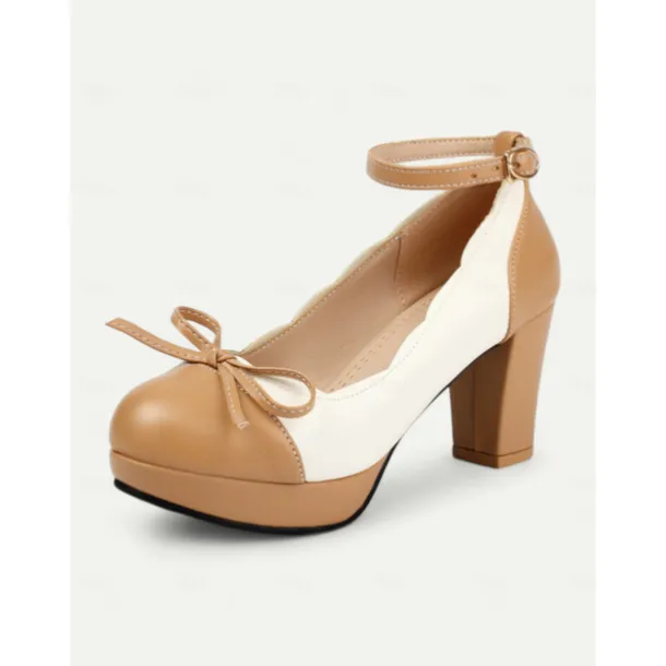 Women's Vintage Two-Tone Chunky Heels with Ankle Strap and Bow Detail – Retro Style Shoes for Special Occasions