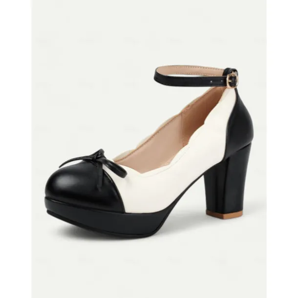 Women's Vintage Two-Tone Chunky Heels with Ankle Strap and Bow Detail – Retro Style Shoes for Special Occasions
