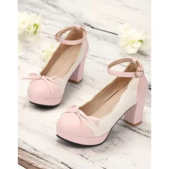 Women's Vintage Two-Tone Chunky Heels with Ankle Strap and Bow Detail – Retro Style Shoes for Special Occasions