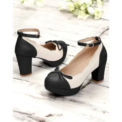 Women's Vintage Two-Tone Chunky Heels with Ankle Strap and Bow Detail – Retro Style Shoes for Special Occasions