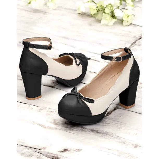 Women's Vintage Two-Tone Chunky Heels with Ankle Strap and Bow Detail – Retro Style Shoes for Special Occasions