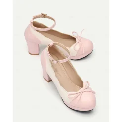 Women's Vintage Two-Tone Chunky Heels with Ankle Strap and Bow Detail – Retro Style Shoes for Special Occasions